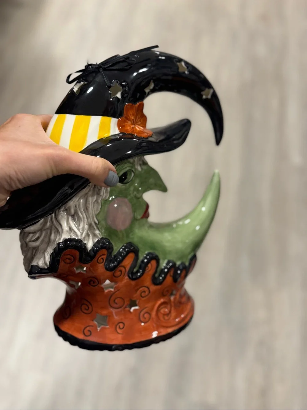 Blue sky Whimsical Witch Moon Ceramic Figurine - Green & Orange